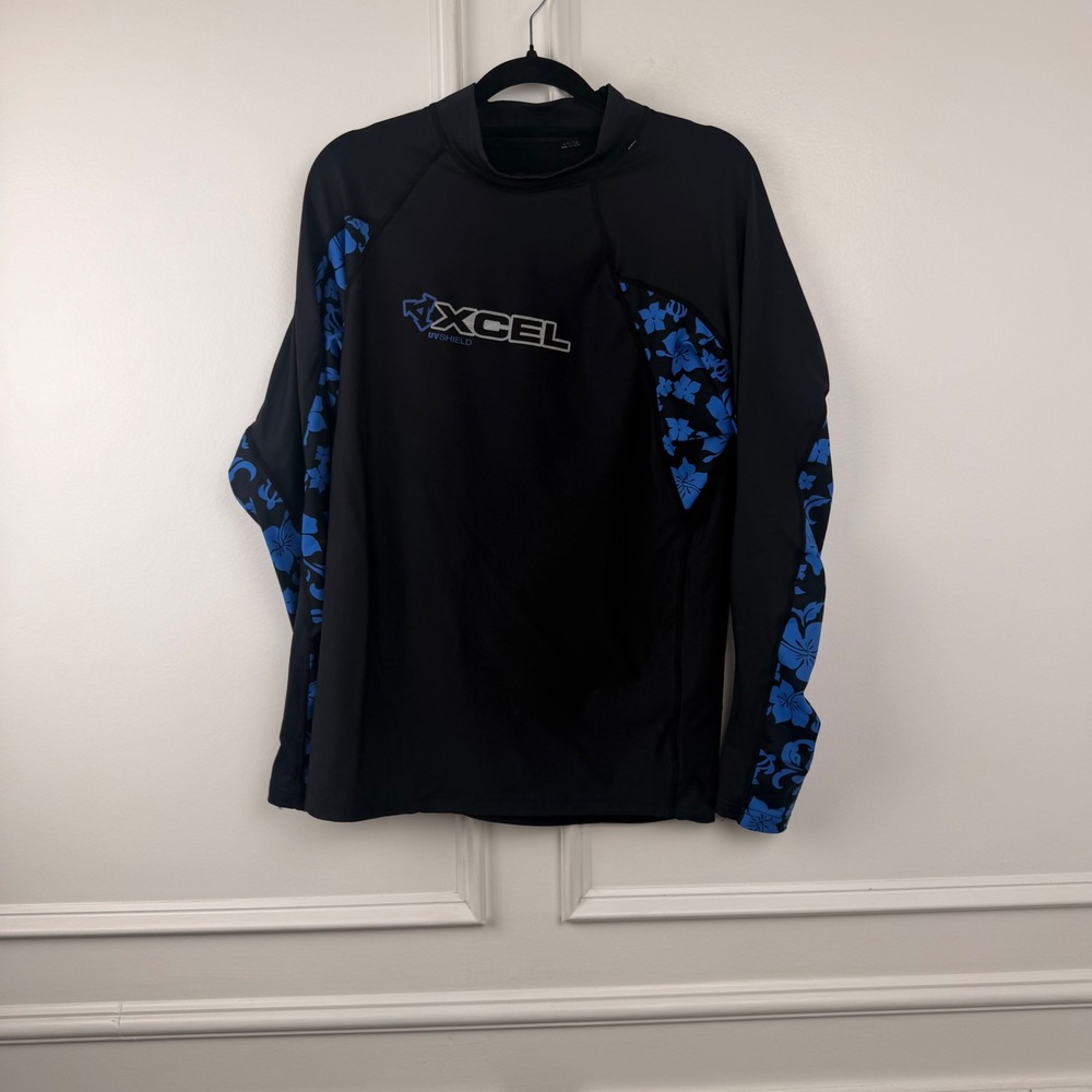 Xcel Hawaii Womens UV Shield Rash Guard Black Blue Hibiscus Floral XL LongSleeve